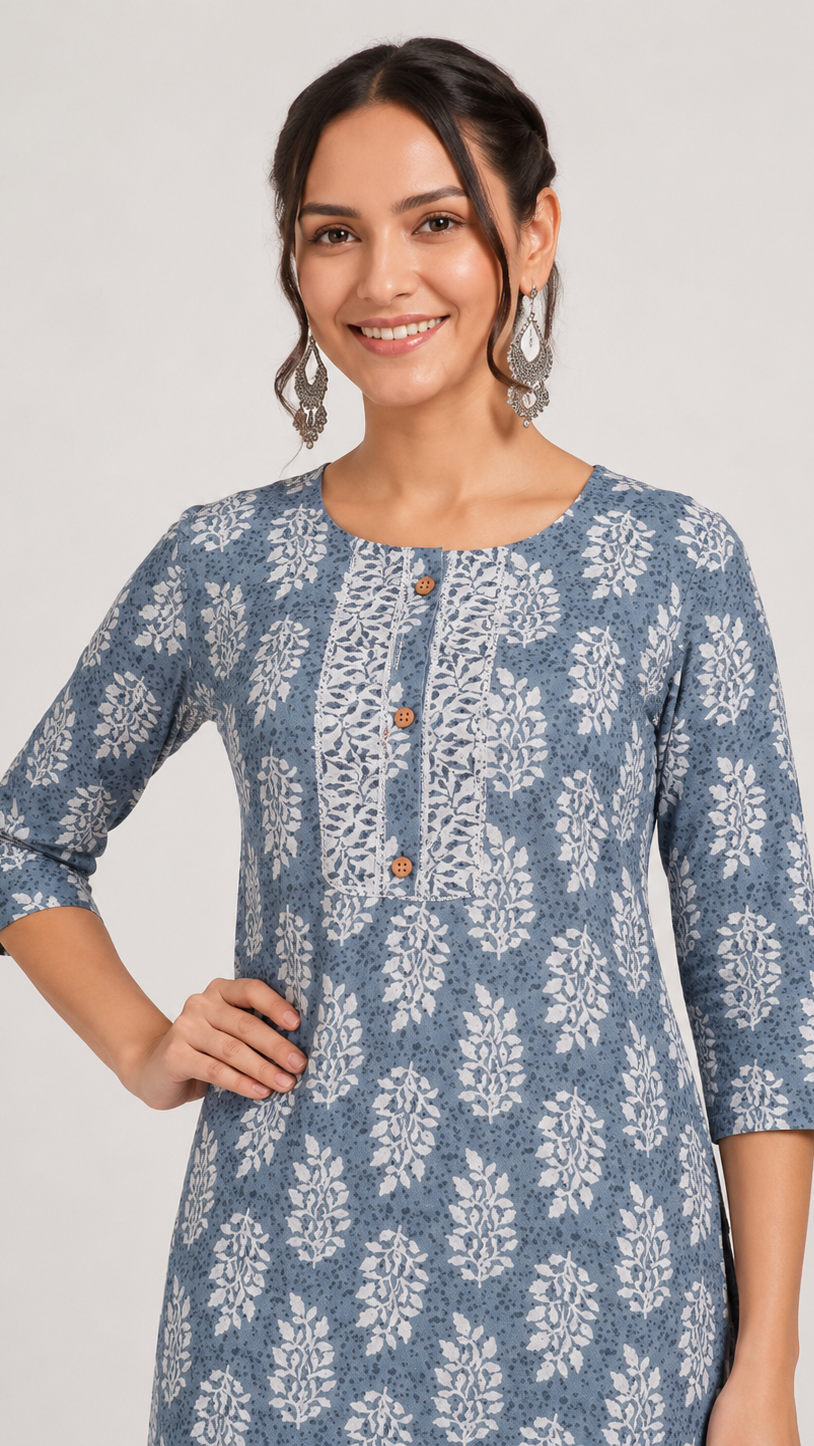 Slate blue and white floral printed salwar kameez suit with straight trousers and matching patterned dupatta
