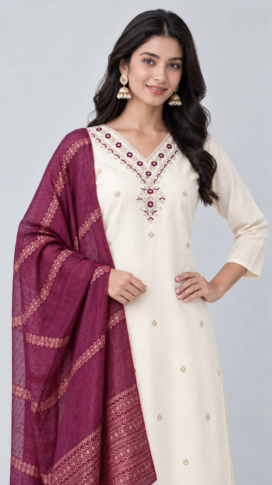 Cream colour cotton silk suit with contrasting purple woven dupatta.