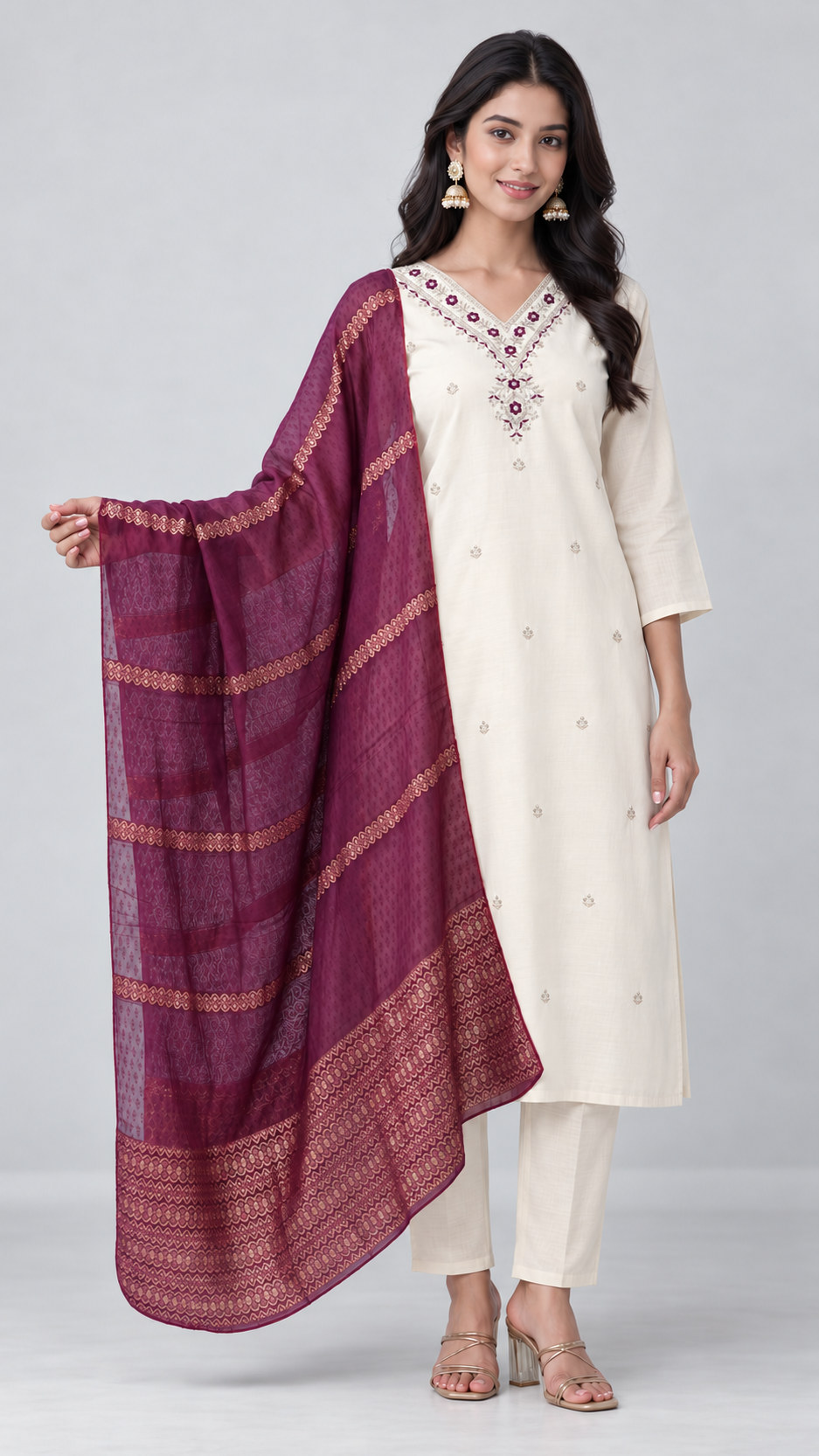 Cream Kameez with straight Trousers and a contrast purple woven dupatta.