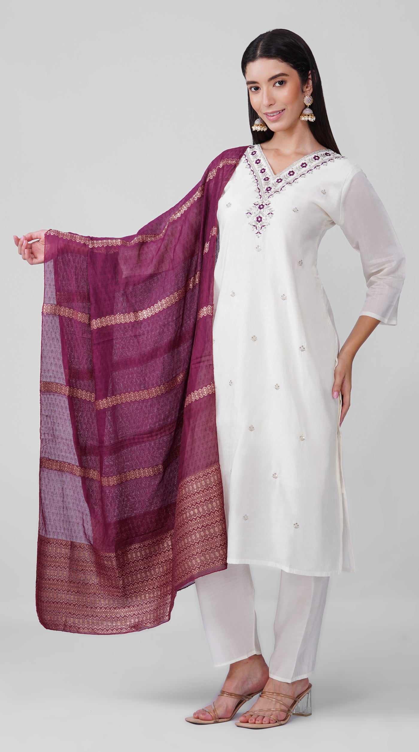 Ivory Roman Silk Kurta Set with Purple Chanderi Dupatta
