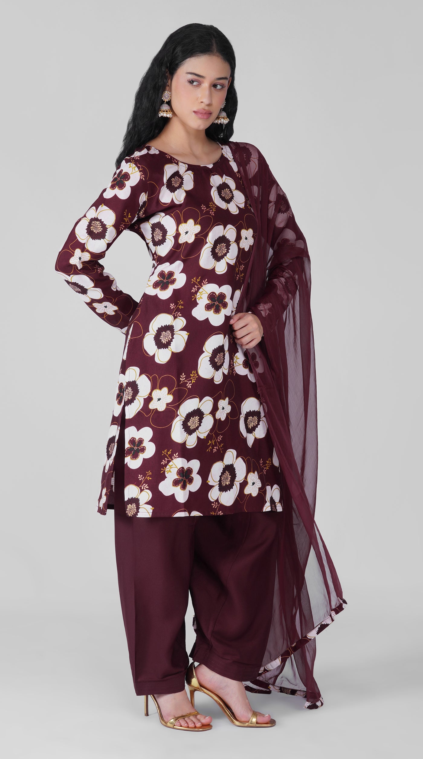 Front view of wine floral print shift suit set