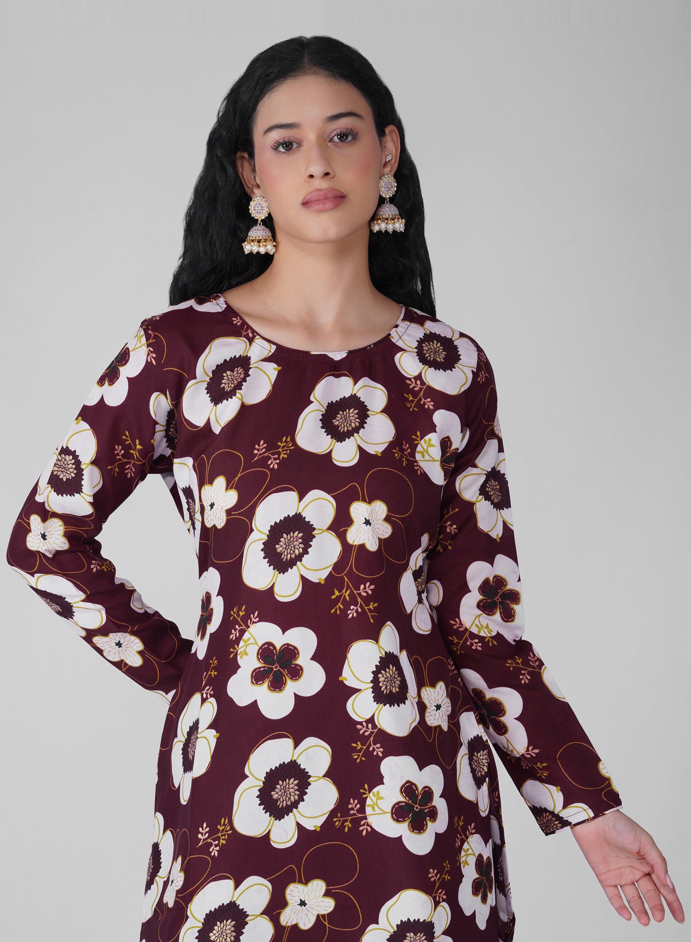 Back view of wine floral print suit with chiffon dupatta