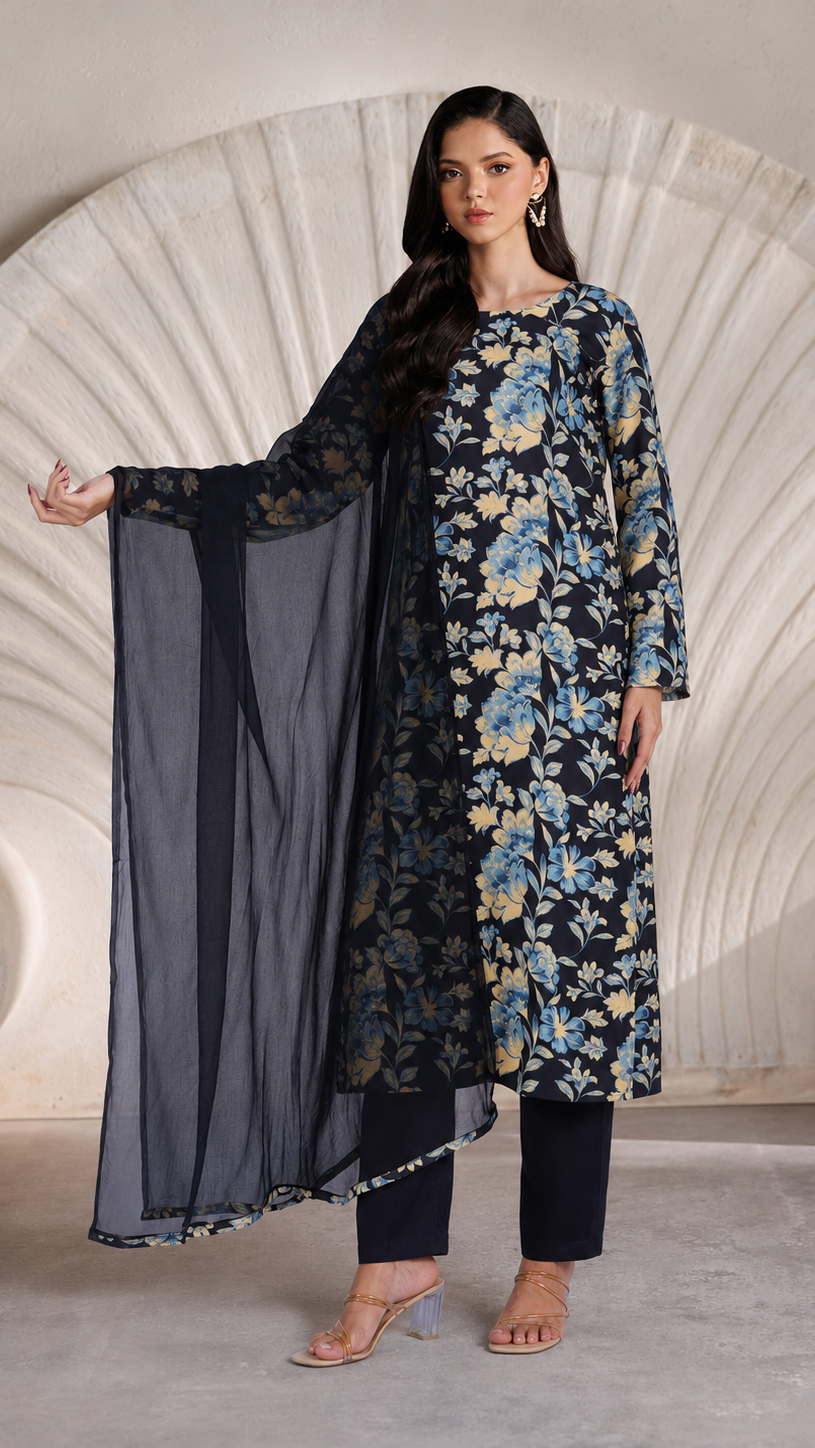 Black floral printed salwar kameez suit with matching trousers and sheer black dupatta