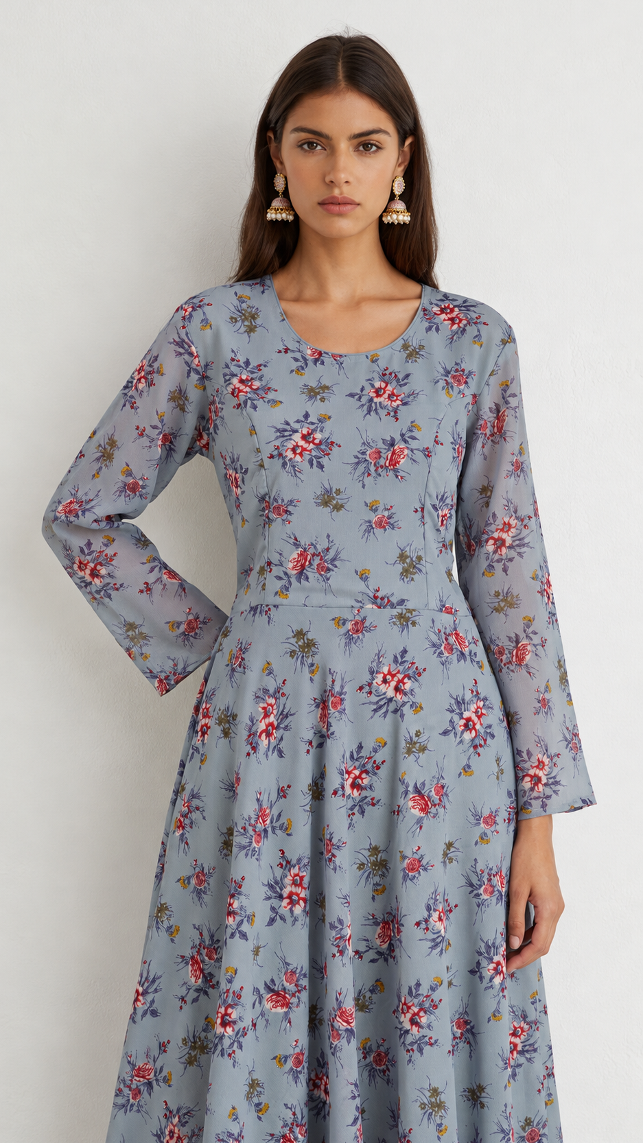 Dusty Blue Georgette Bias Cut Suit with Full Sleeves & Chiffon Dupatta