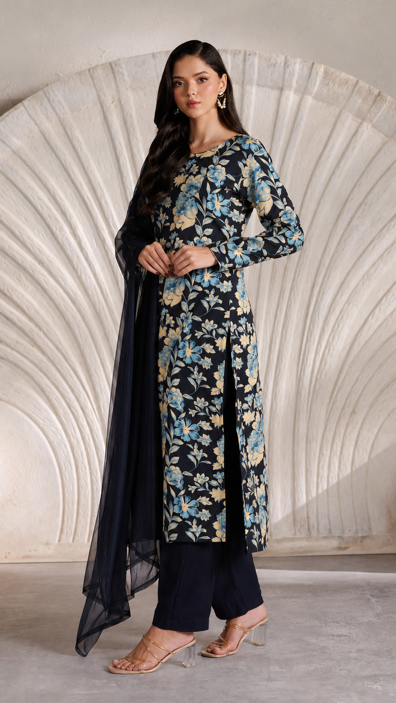 Black floral printed salwar kameez suit with matching trousers and sheer black dupatta