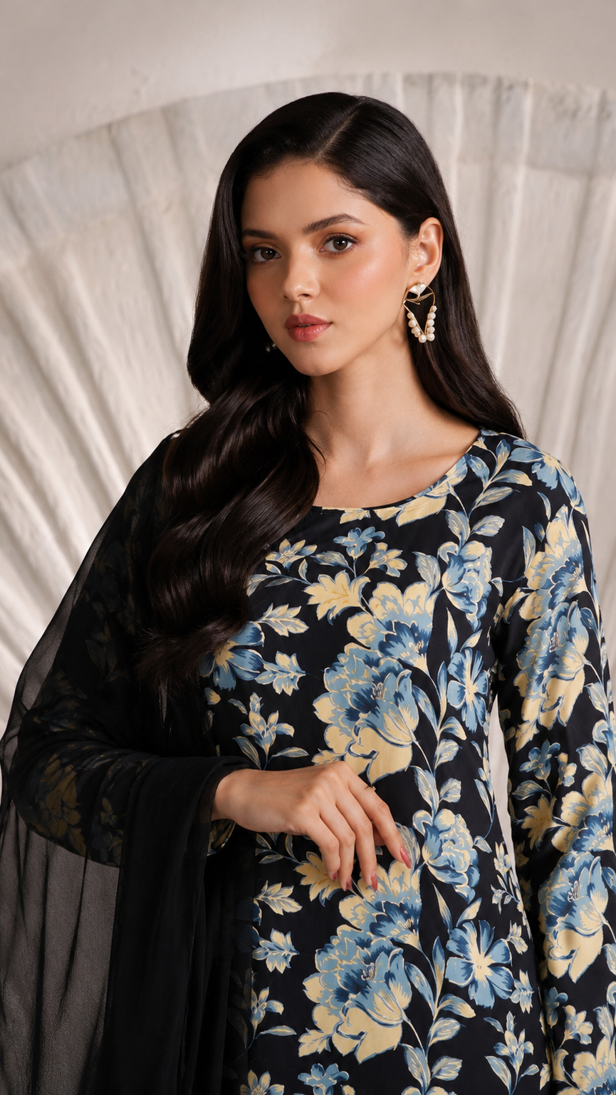 Black floral printed salwar kameez suit with matching trousers and sheer black dupatta