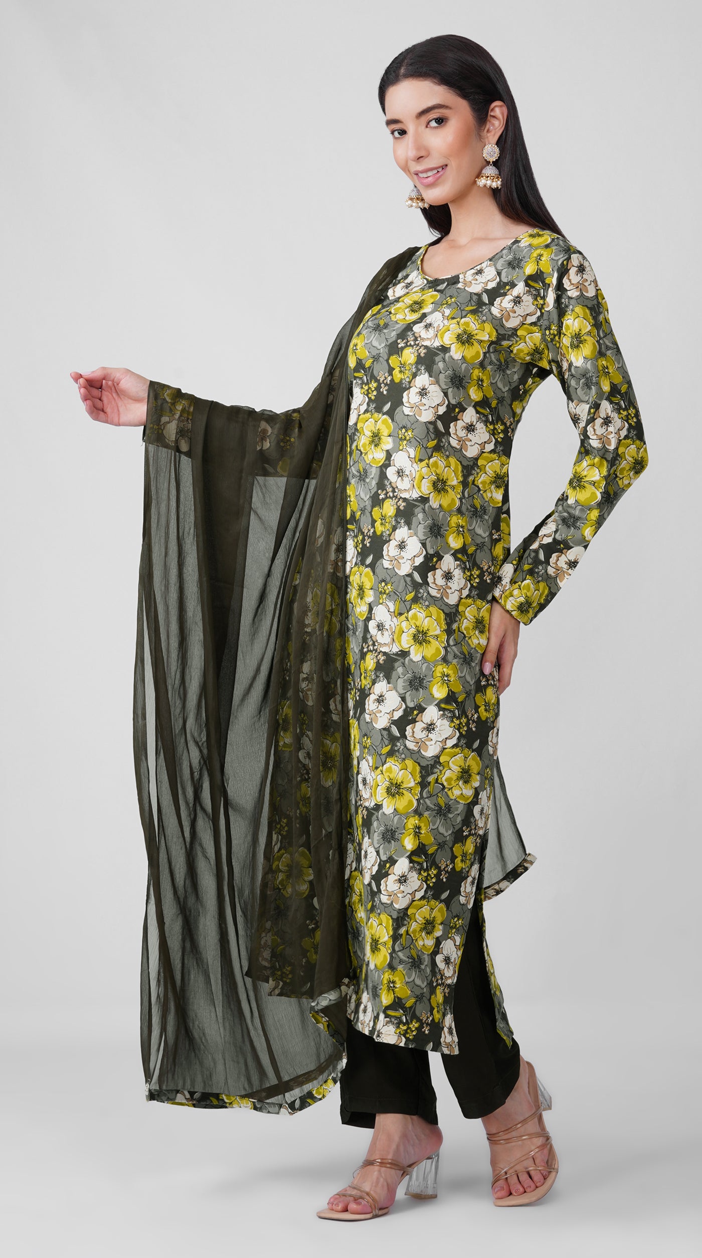 Black Rayon Floral Print Kurta Set with Matching Chiffon Dupatta