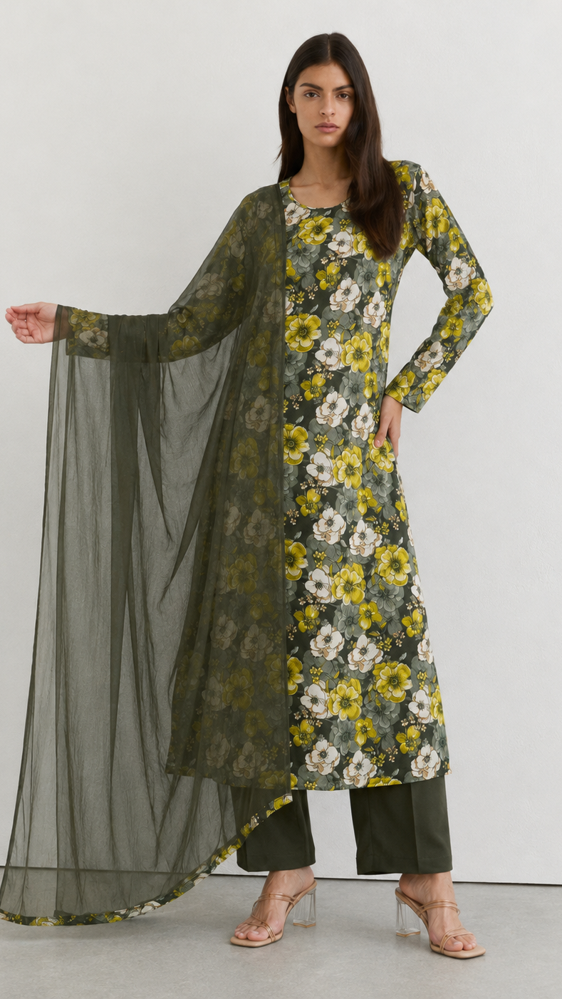 Young woman wearing an olive green floral print kurta set with yellow and white flowers, matching trousers and a sheer coordinating dupatta.