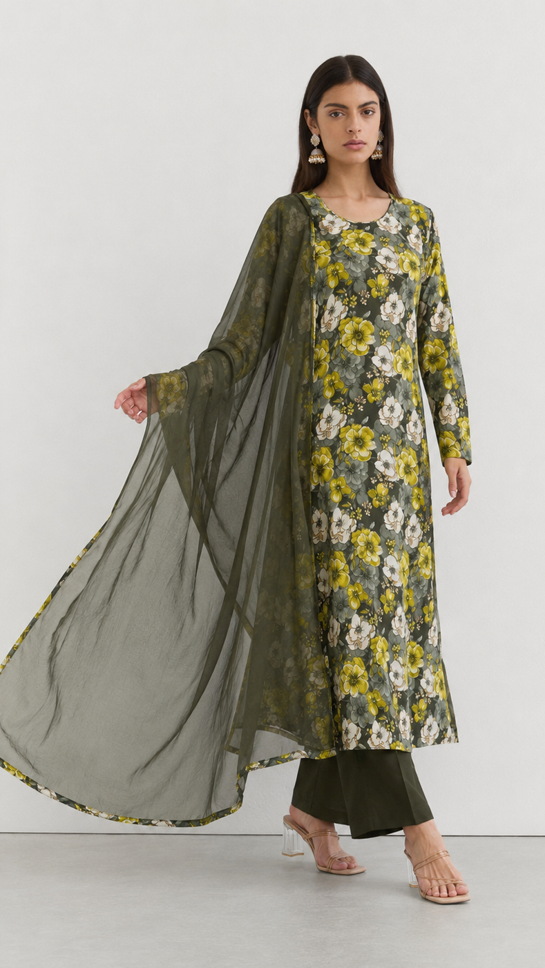 Young woman wearing an olive green floral print kurta set with yellow and white flowers, matching trousers and a sheer coordinating dupatta.
