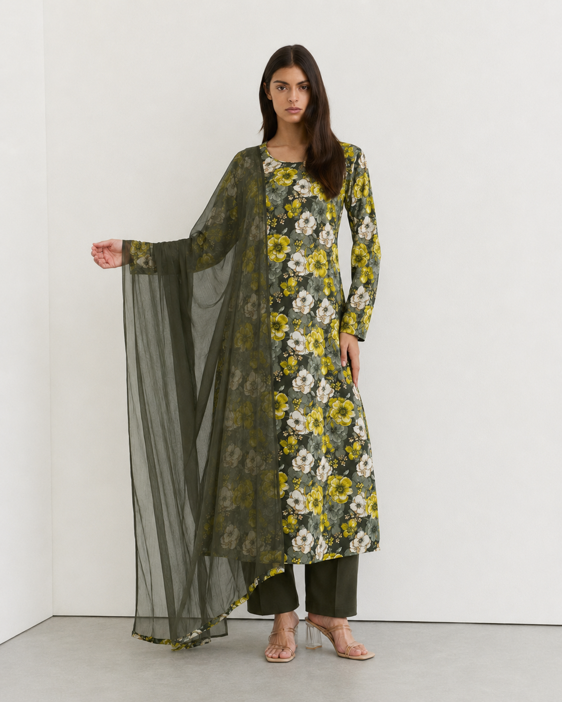 Young woman wearing an olive green floral print kurta set with yellow and white flowers, matching trousers and a sheer coordinating dupatta.