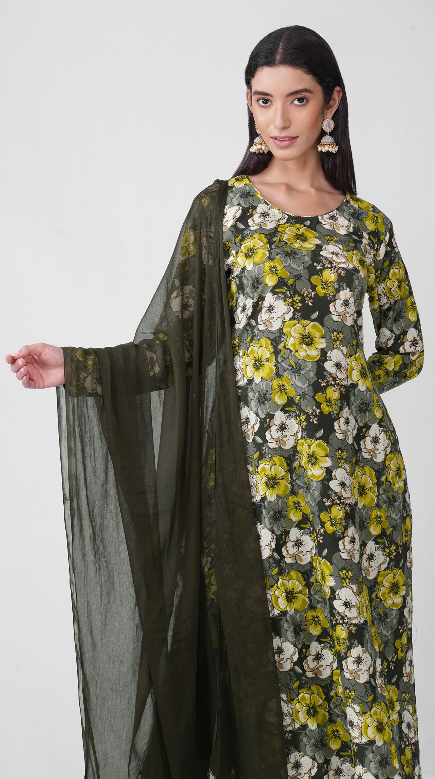 Black Rayon Floral Print Kurta Set with Matching Chiffon Dupatta