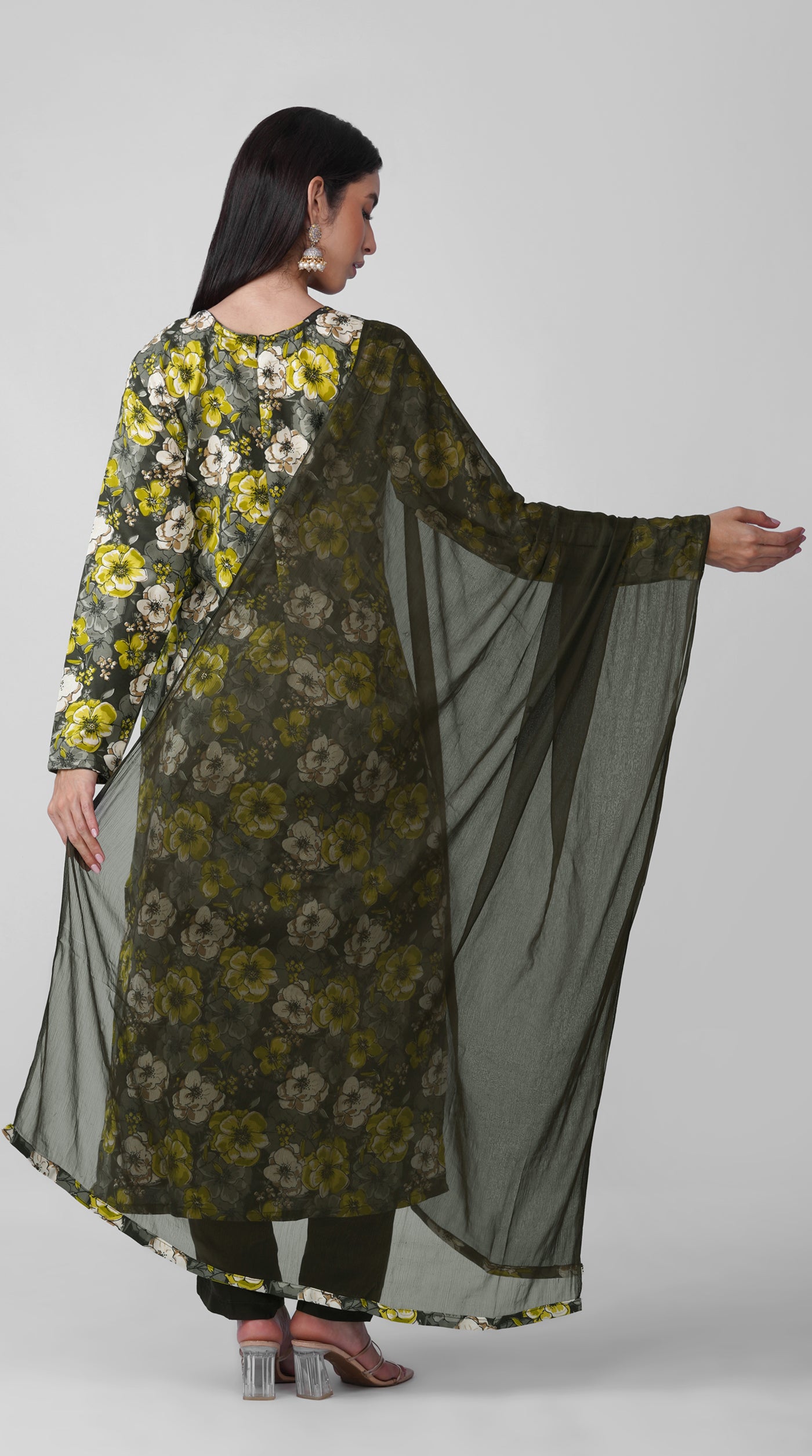 Black Rayon Floral Print Kurta Set with Matching Chiffon Dupatta