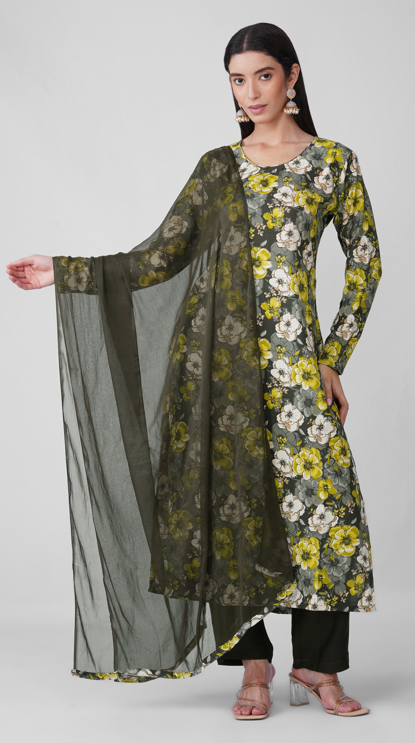 Black Rayon Floral Print Kurta Set with Matching Chiffon Dupatta