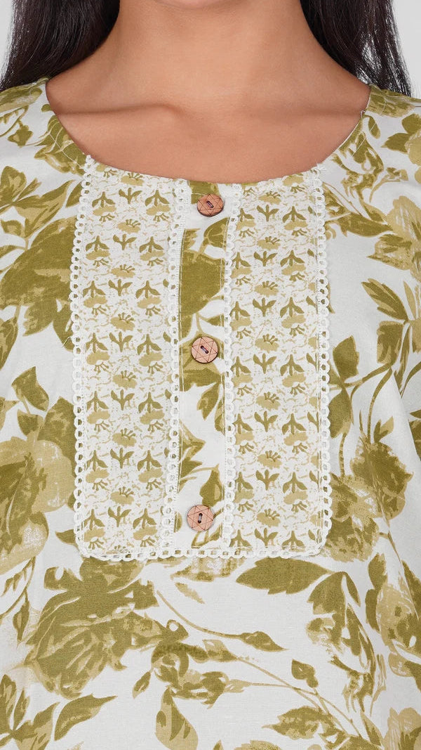 Olive green and ivory floral printed salwar kameez suit with straight trousers and matching dupatta