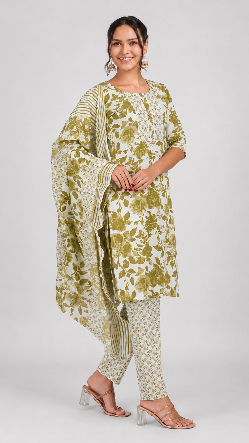 Olive green and ivory floral printed salwar kameez suit with straight trousers and matching dupatta