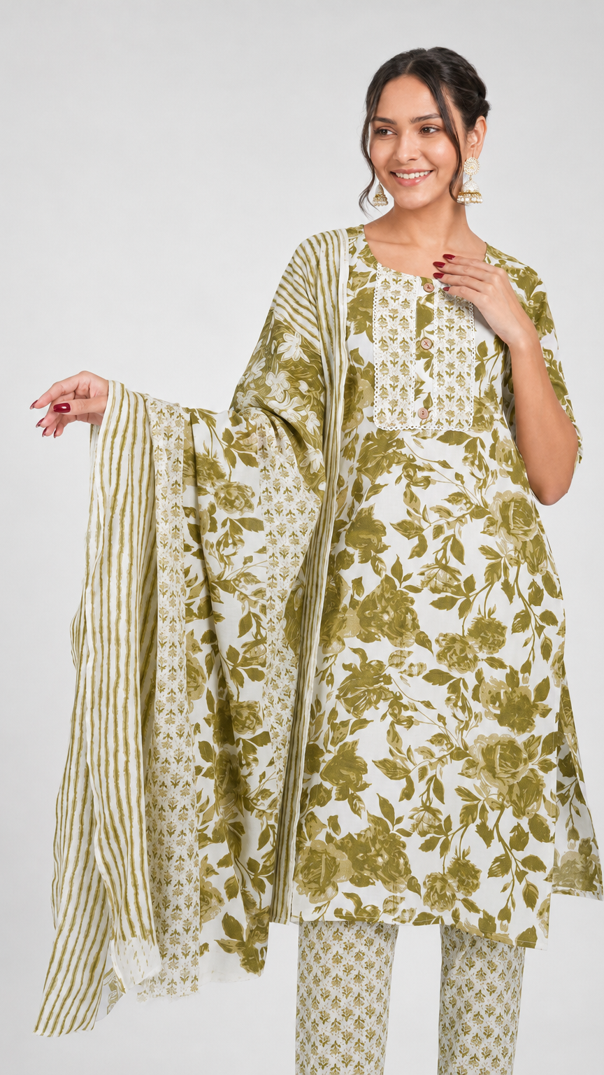 Olive green and ivory floral printed salwar kameez suit with straight trousers and matching dupatta