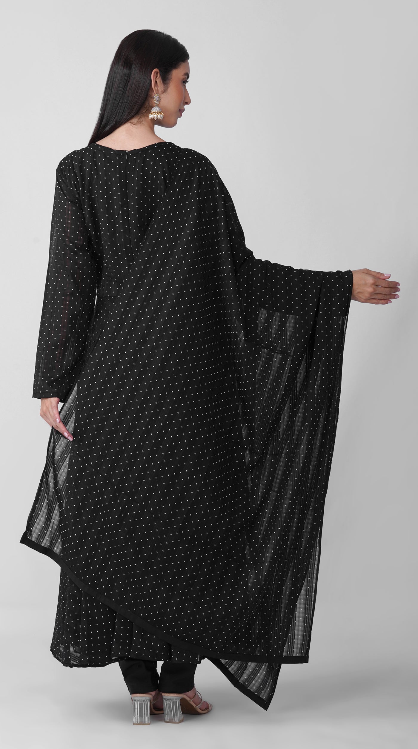 Black Polka Dot Printed Chiffon Top, Trouser & Dupatta Set