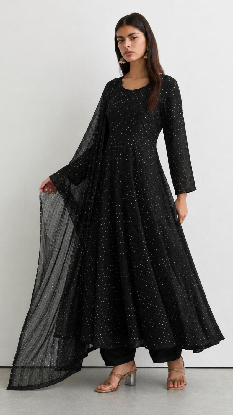 A woman models a black long-sleeved kurta with a matching sheer dupatta, set against a plain light gray studio background.