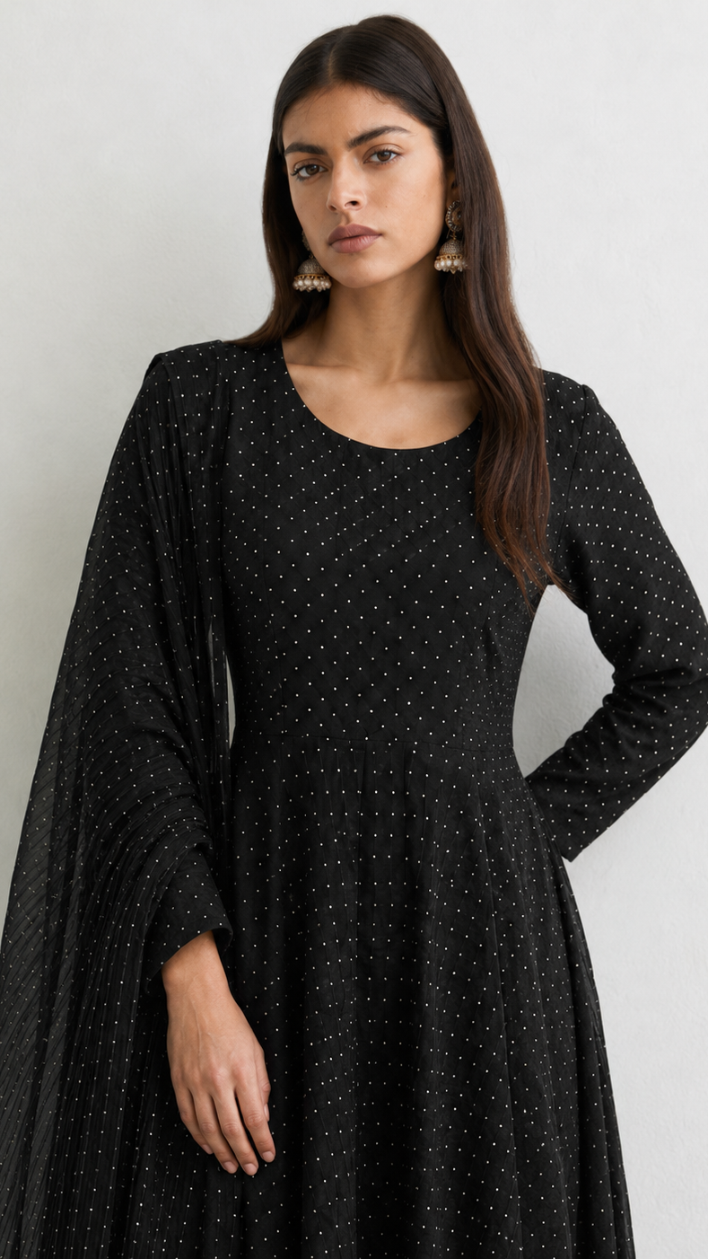 A woman modeling a black long-sleeve kurta with a subtle white polka dot pattern and a sheer draped cape-style sleeve, set against a plain light gray background.