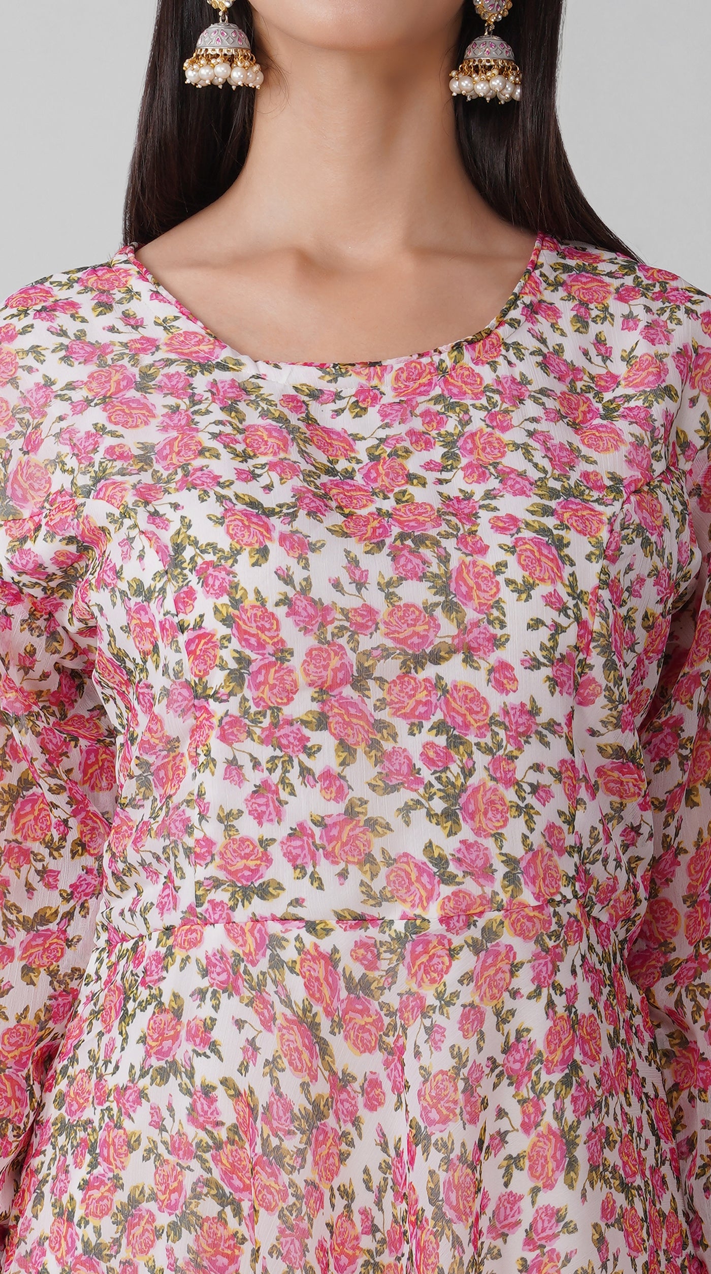 White Floral Chiffon Bias-Cut Kurta Set with Printed Dupatta
