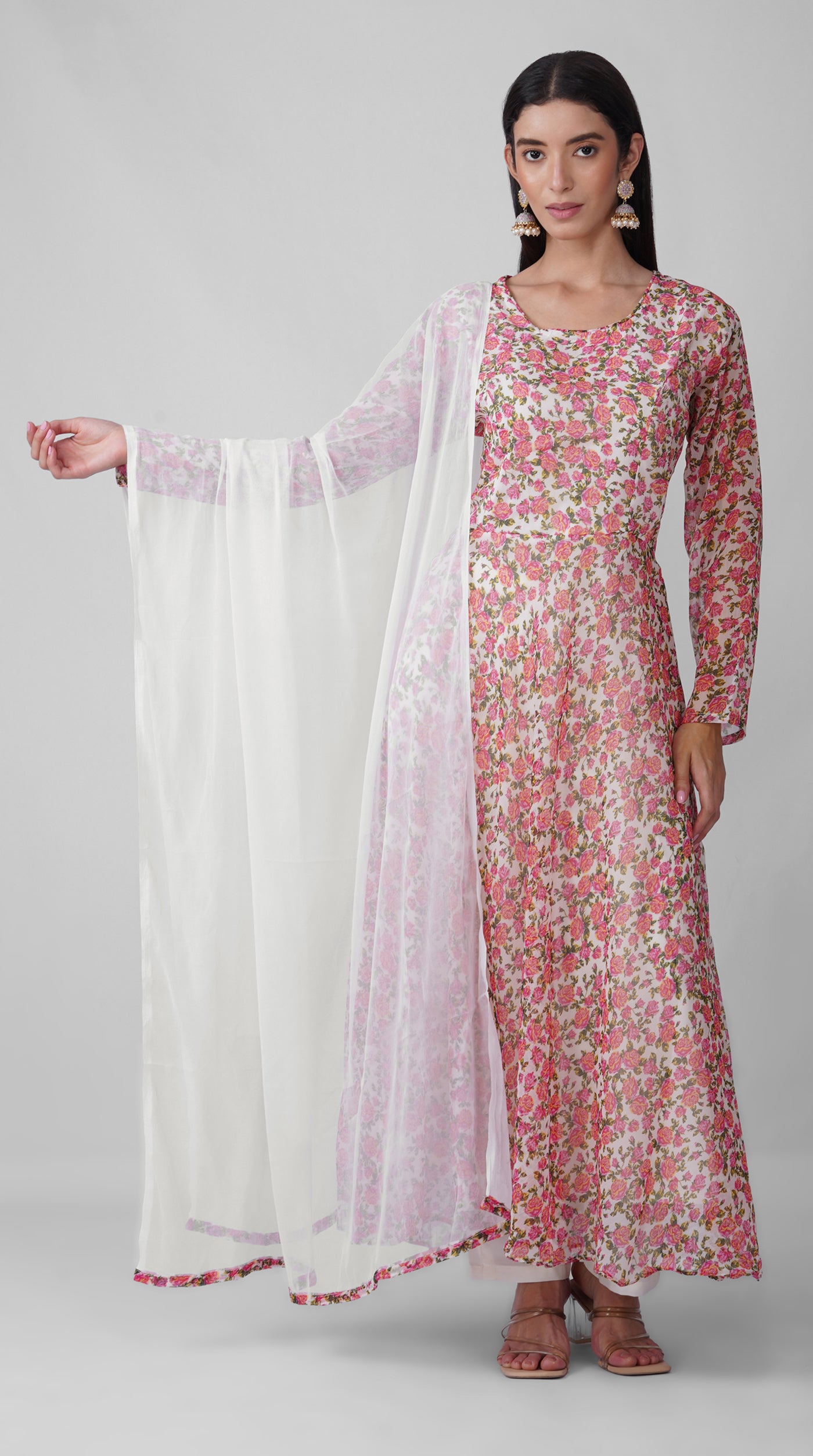 White Floral Chiffon Bias-Cut Kurta Set with Printed Dupatta