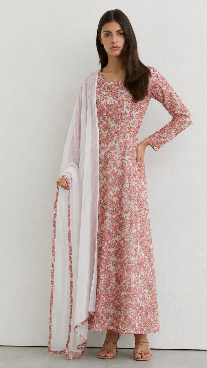 A woman models a long-sleeved pink floral maxi dress with a matching sheer white dupatta, standing against a plain white wall.