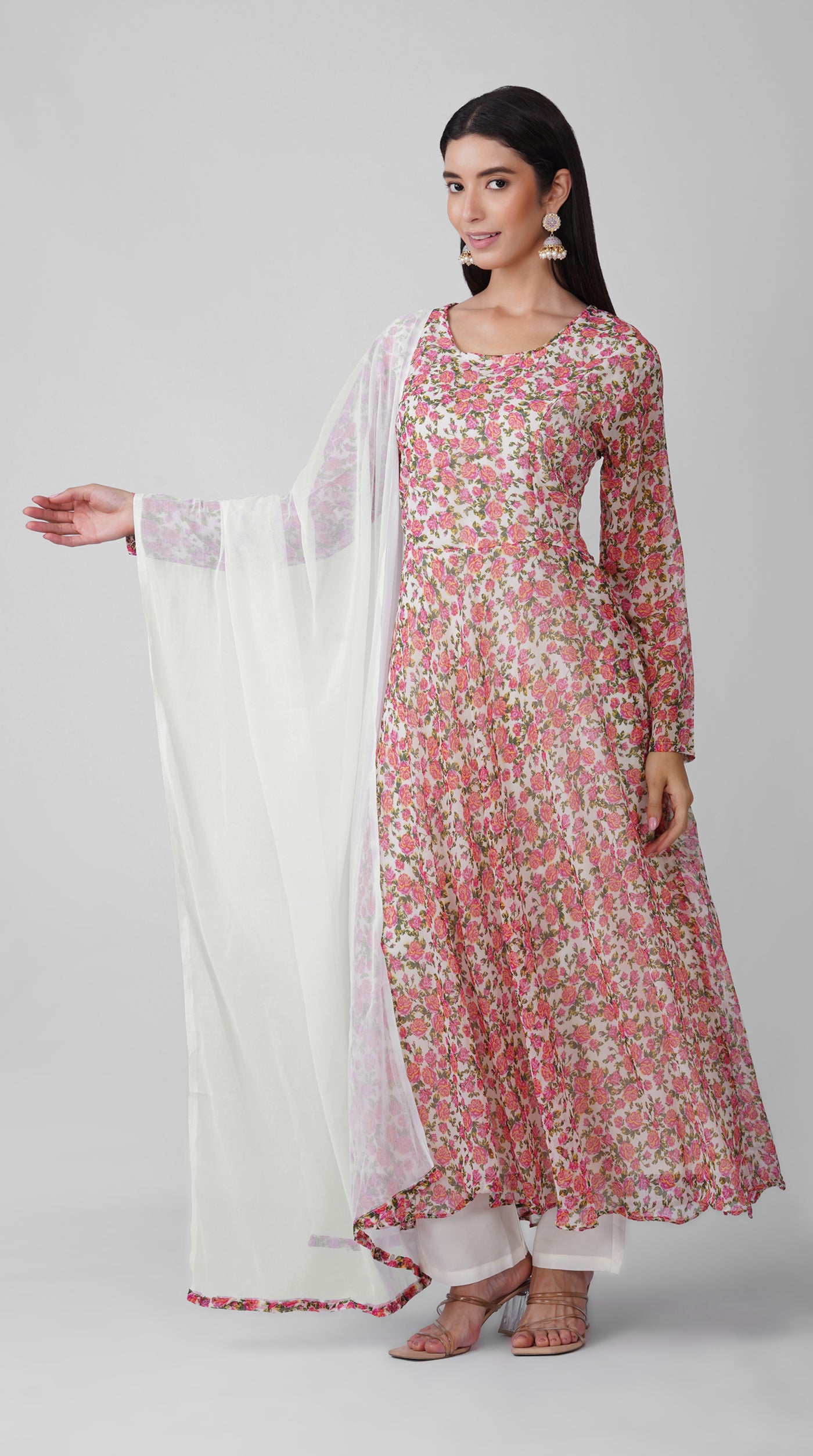 White Floral Chiffon Bias-Cut Kurta Set with Printed Dupatta