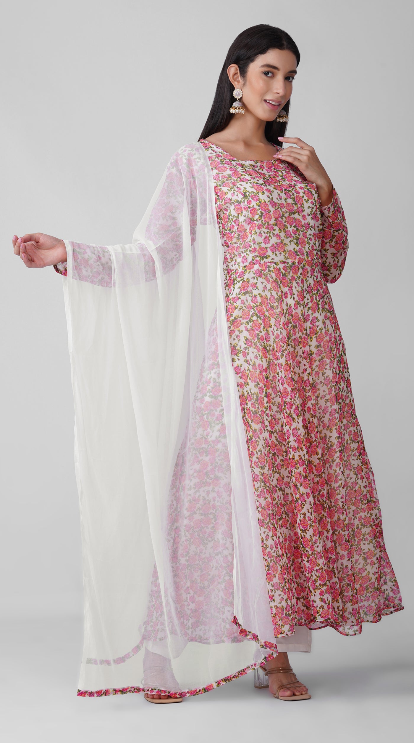 White Floral Chiffon Bias-Cut Kurta Set with Printed Dupatta