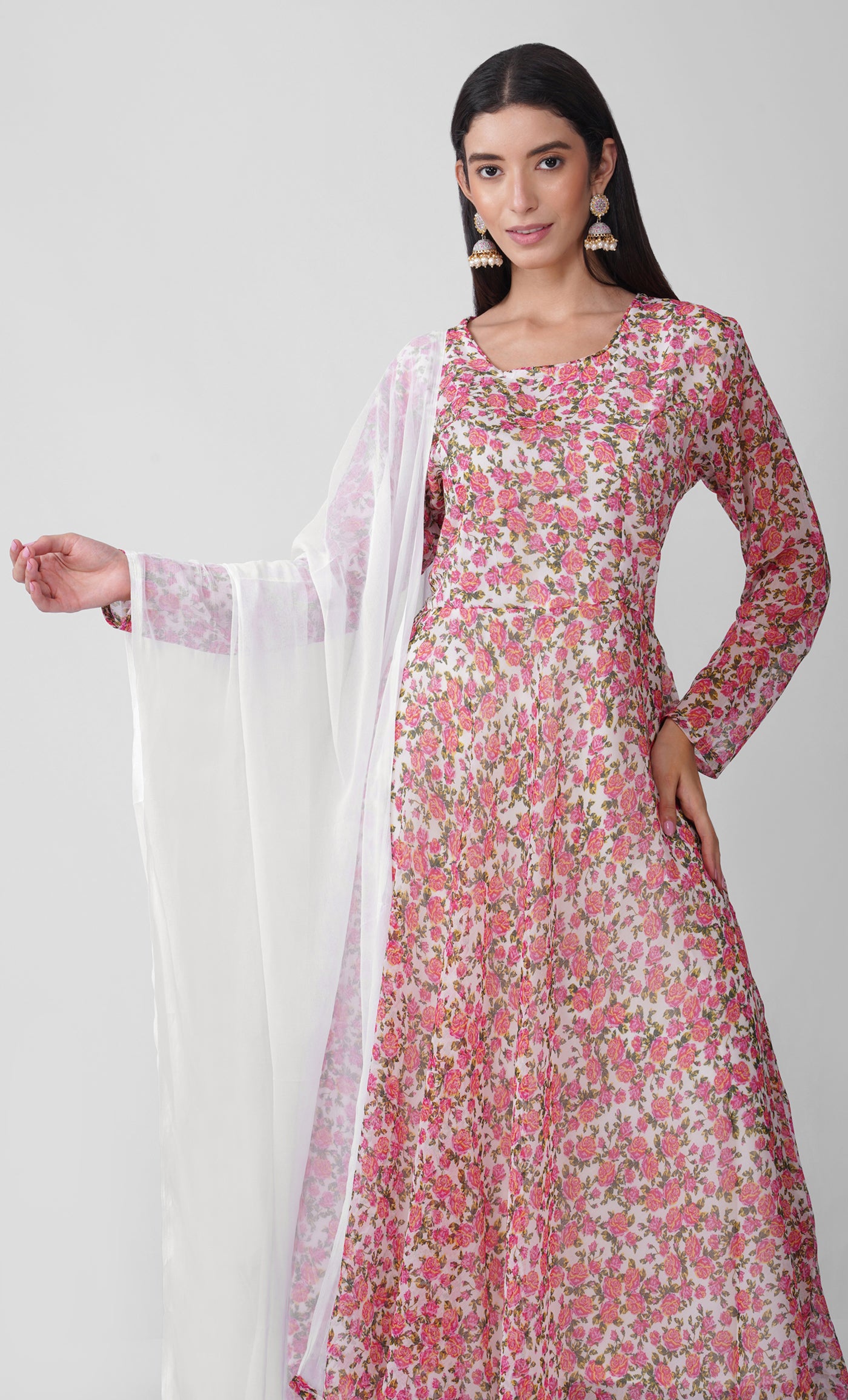 White Floral Chiffon Bias-Cut Kurta Set with Printed Dupatta