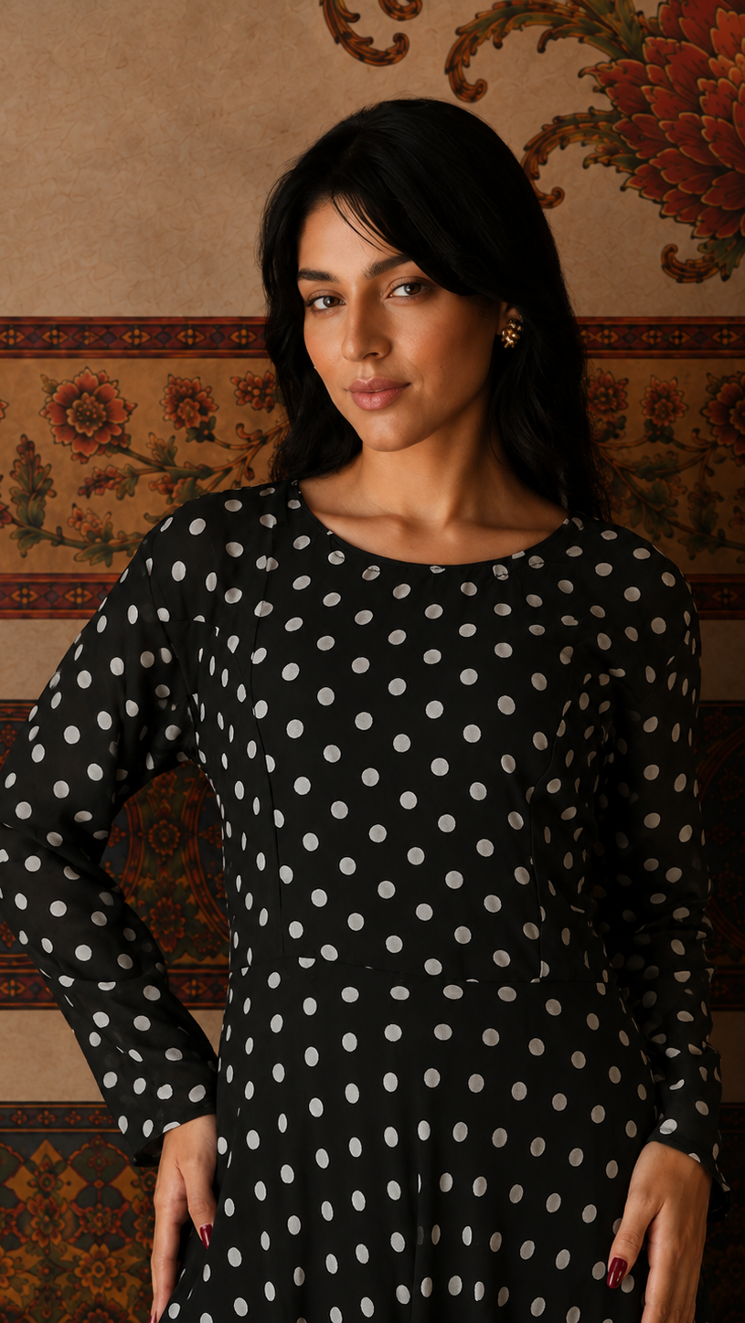 Black and white polka dot salwar kameez suit with matching trousers and sheer polka dot dupatta