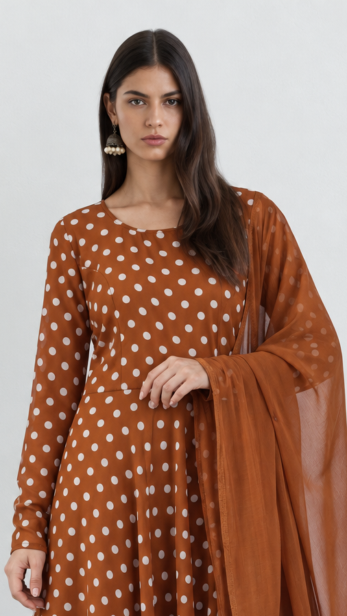 Brown chiffon top and trouser set with printed dupatta