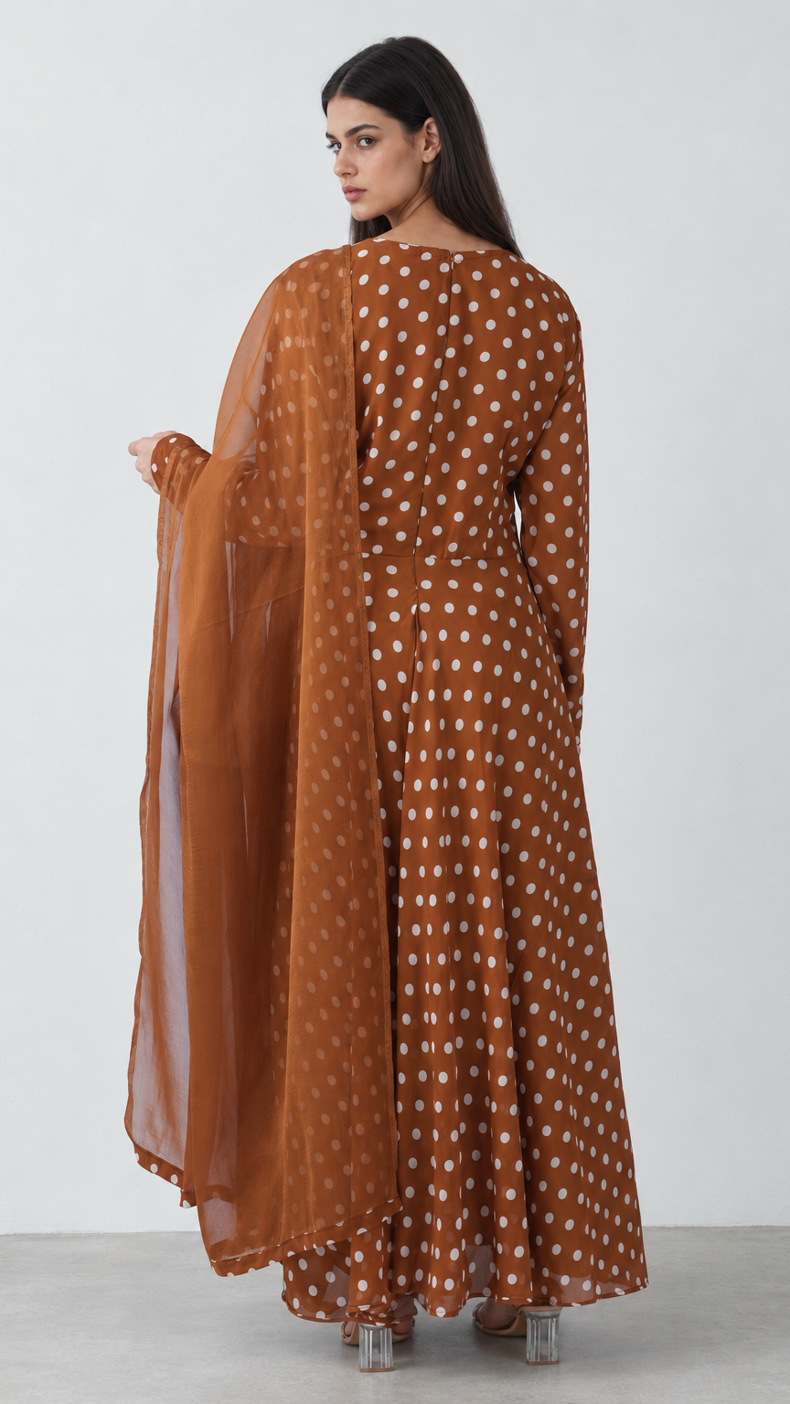 Brown chiffon top and trouser set with printed dupatta