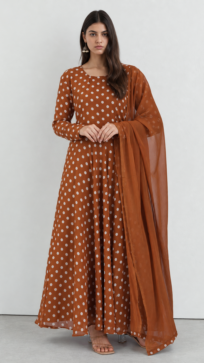 Brown chiffon top and trouser set with printed dupatta