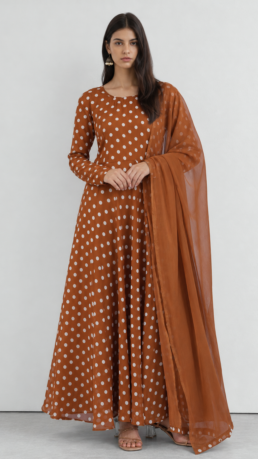 Brown chiffon top and trouser set with printed dupatta