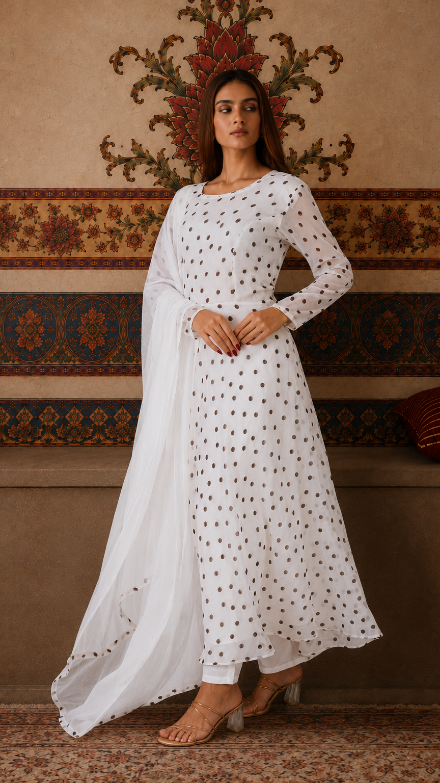 White polka dot salwar kameez suit with matching trousers and sheer white dupatta