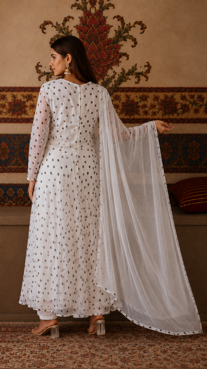 White polka dot salwar kameez suit with matching trousers and sheer white dupatta