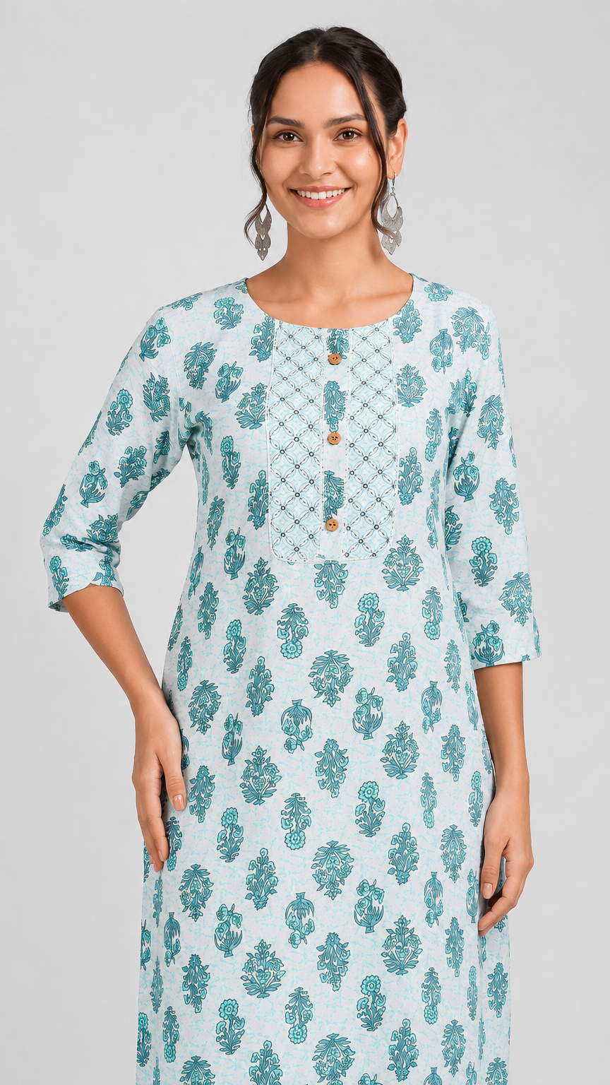 Light blue floral printed straight-cut salwar kameez suit with matching trousers and patterned dupatta