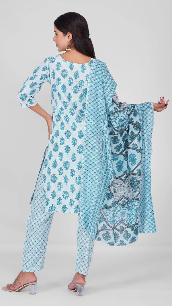 Light blue floral printed straight-cut salwar kameez suit with matching trousers and patterned dupatta