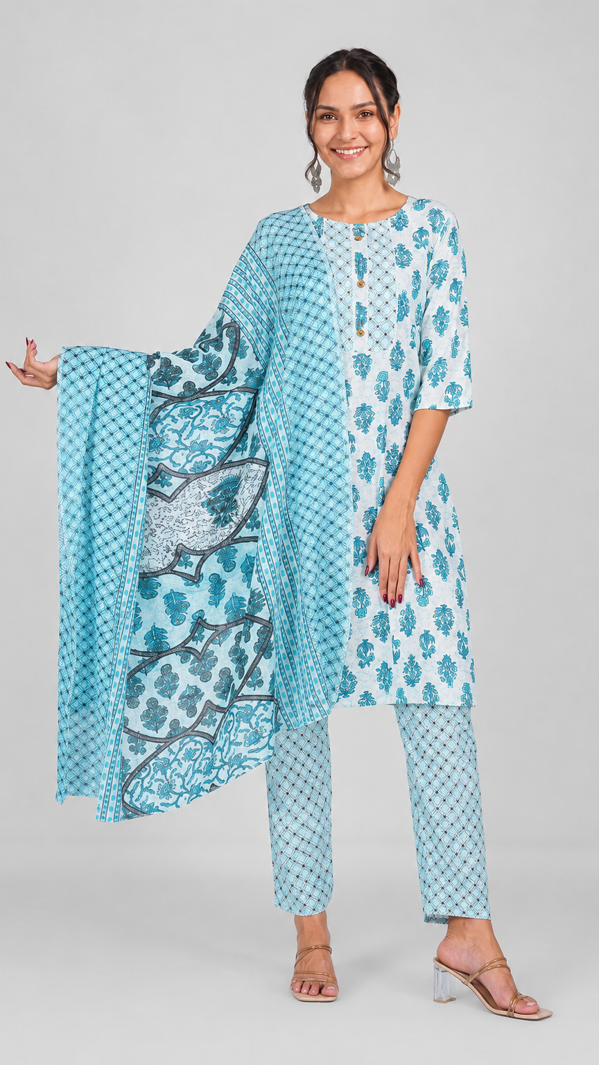 Light blue floral printed straight-cut salwar kameez suit with matching trousers and patterned dupatta