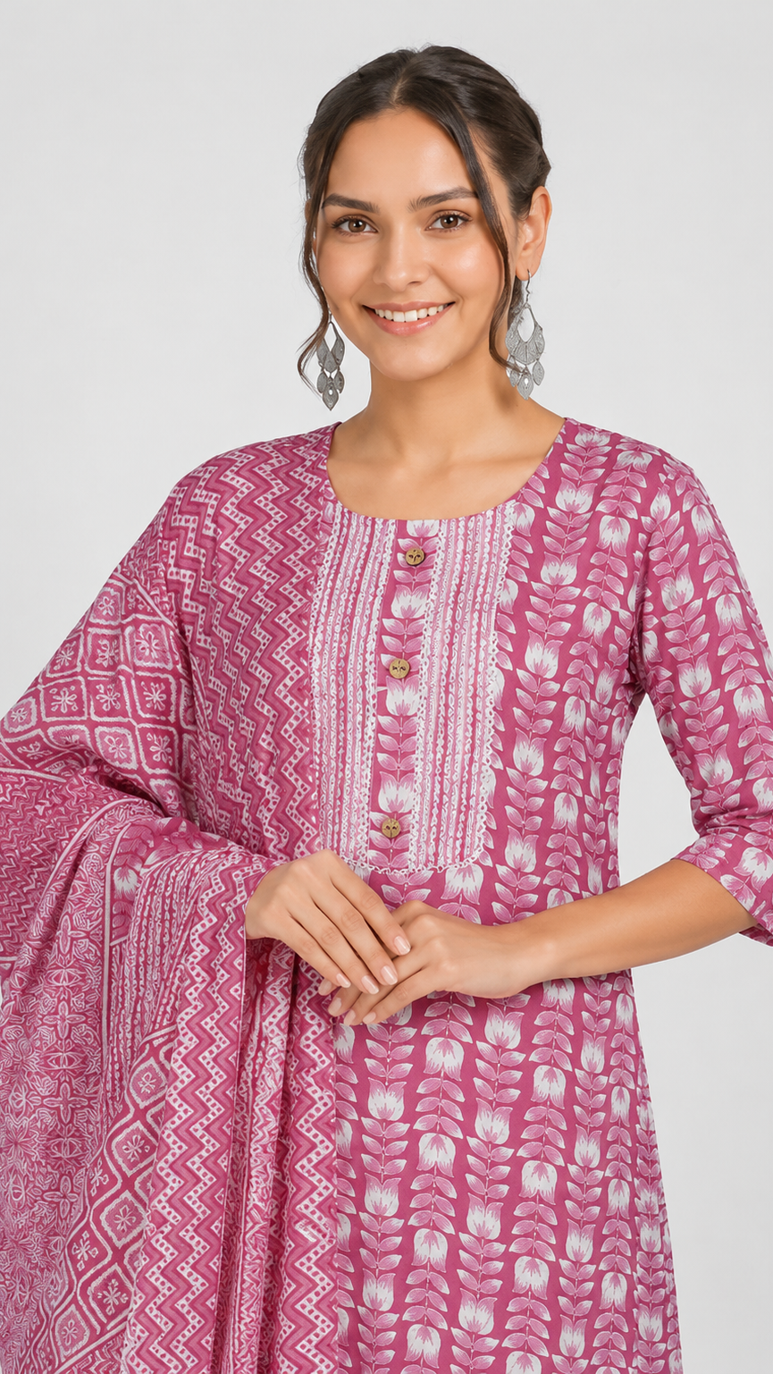 Pink floral printed salwar kameez suit with matching straight trousers and patterned dupatta