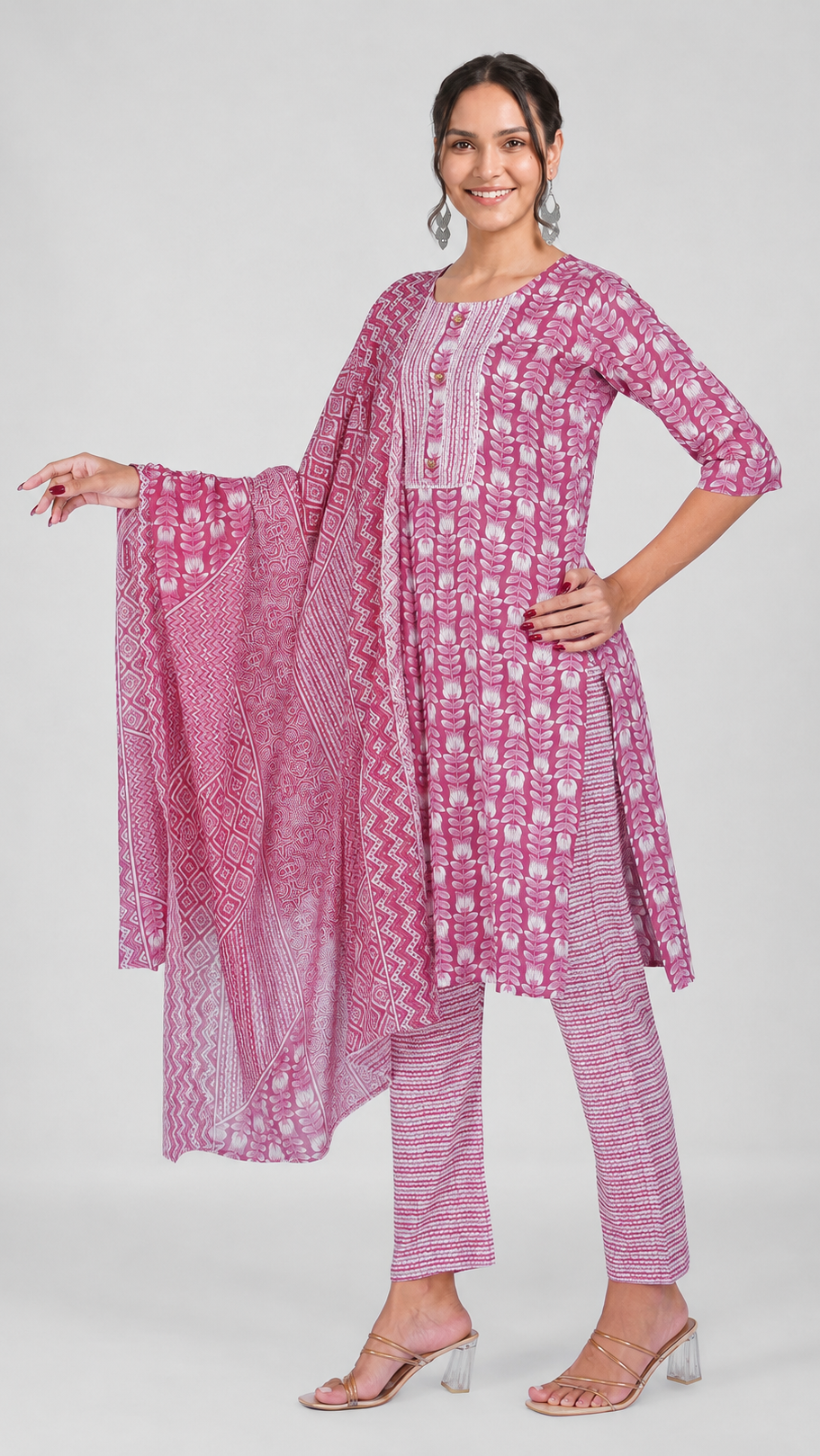 Pink floral printed salwar kameez suit with matching straight trousers and patterned dupatta
