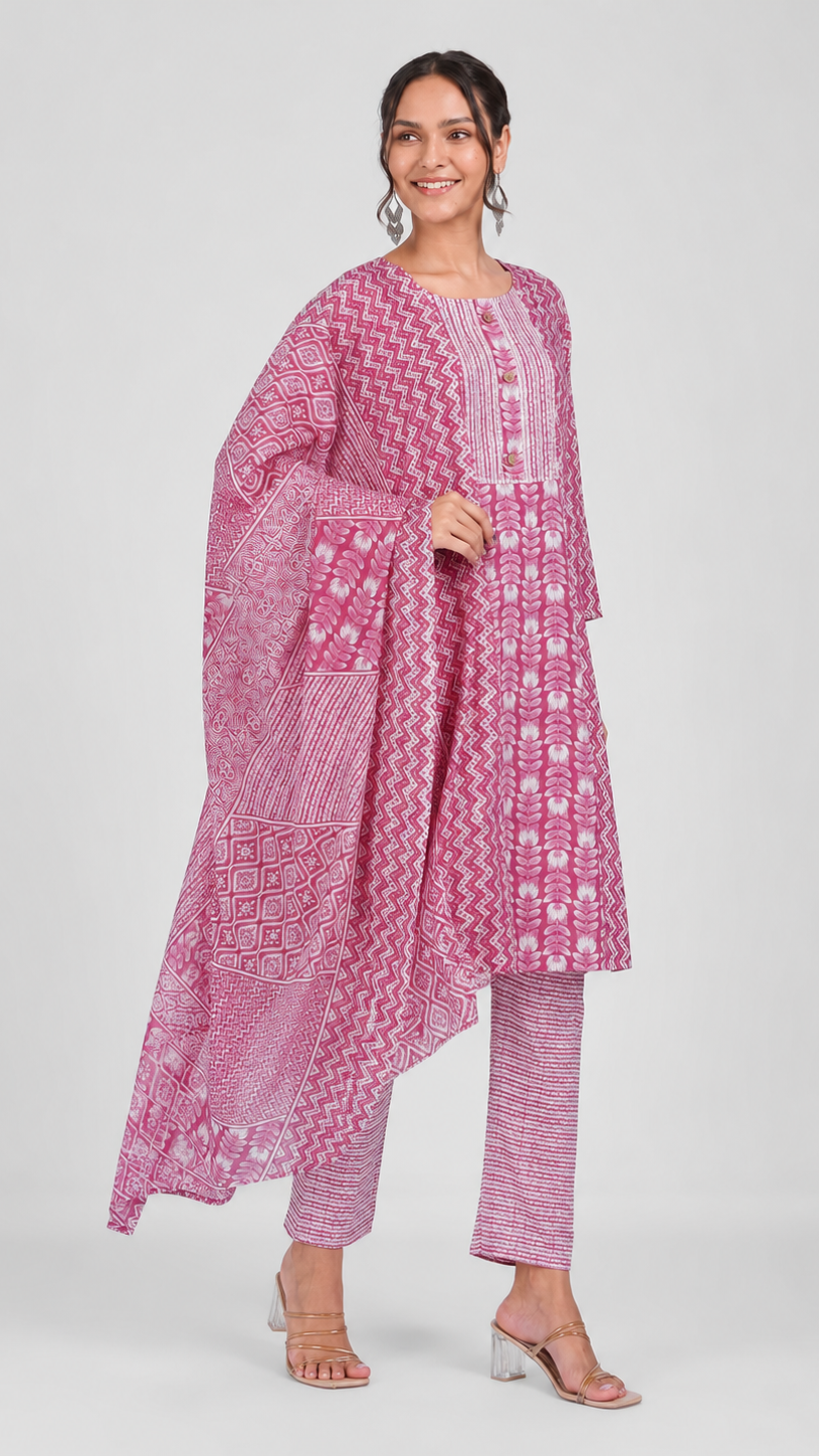 Pink floral printed salwar kameez suit with matching straight trousers and patterned dupatta