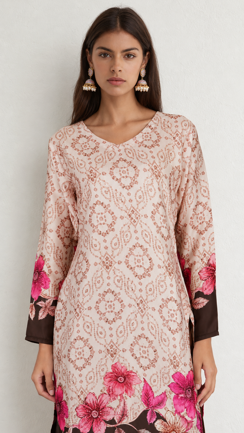 A woman modeling a long-sleeve V-neck kurta with an intricate beige and brown paisley pattern, decorated with vibrant pink floral prints on the cuffs and hem, set against a plain light gray background.
