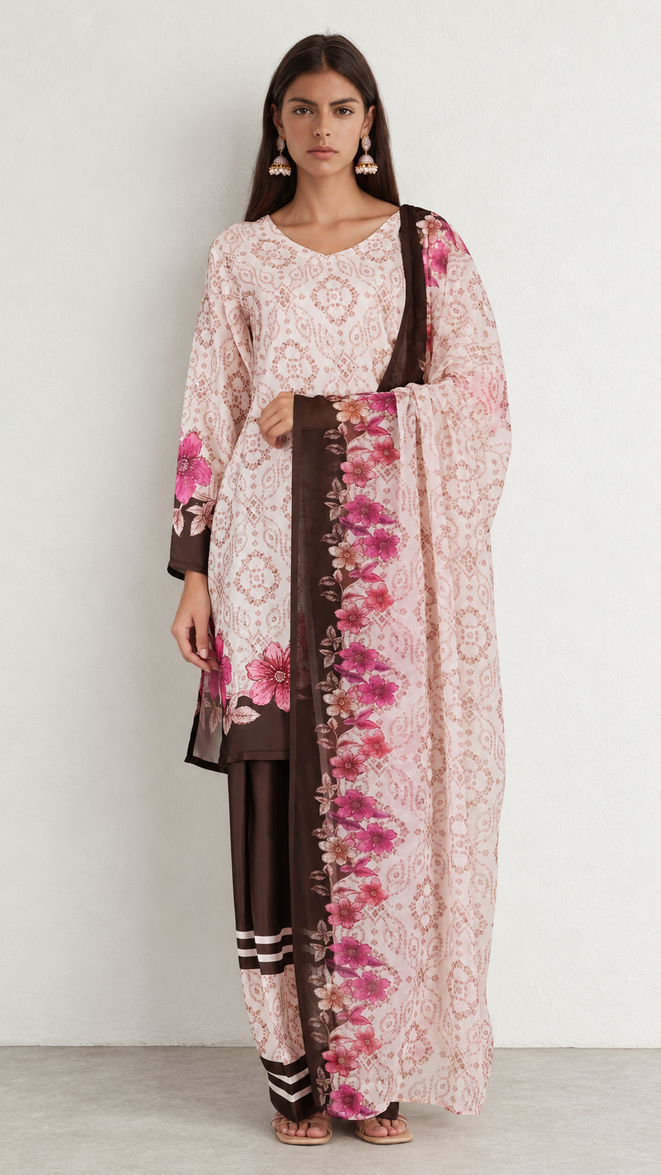 A woman modeling a traditional three-piece salwar kameez suit in light pink and brown. The kurta features intricate floral embroidery, a brown border, and a matching dupatta with a floral border.
