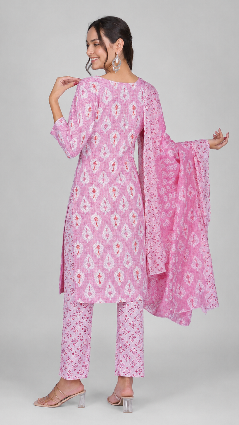 Pink printed salwar kameez suit with straight trousers and matching floral dupatta