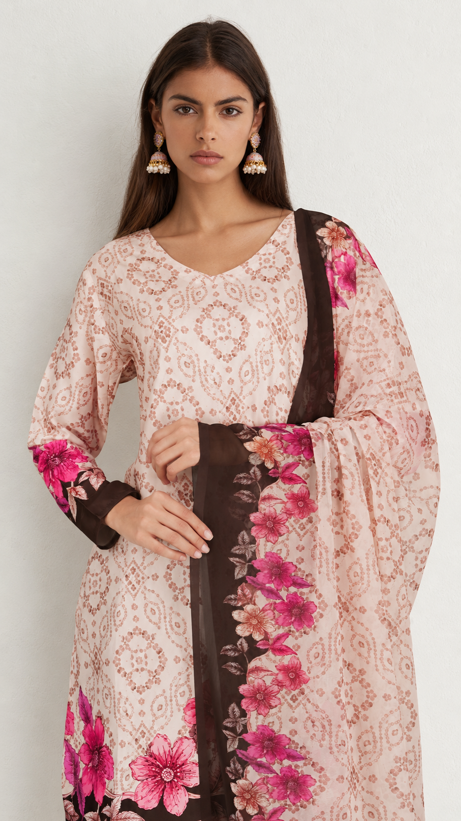 A woman modeling a traditional three-piece salwar kameez set in light pink with brown and magenta floral prints, featuring a matching dupatta.