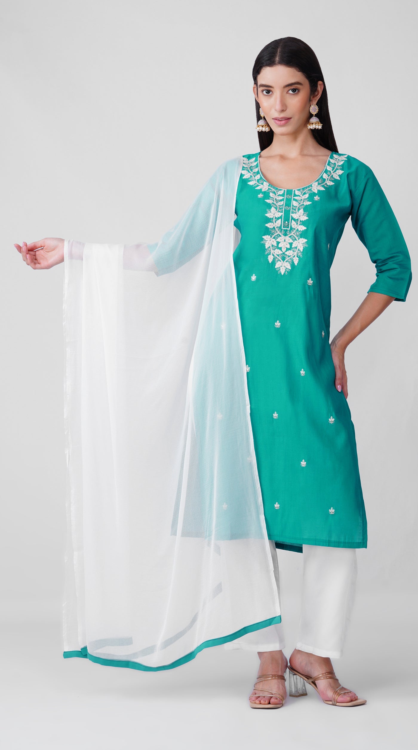 Teal Threadwork Cotton Kurta Set with White Trousers & Dupatta