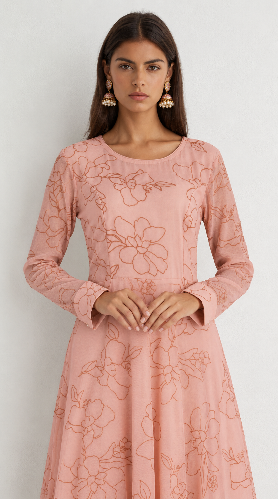 Pink Georgette Bias Cut Suit with Bishop Sleeves & Chiffon Dupatta
