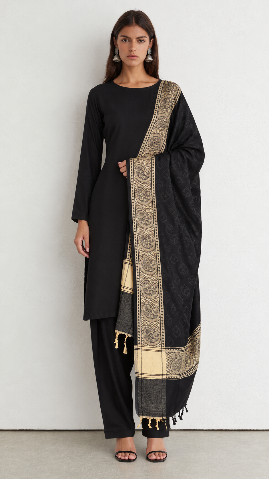 Black Rayon Shift Suit with Salwar & Shawl Dupatta