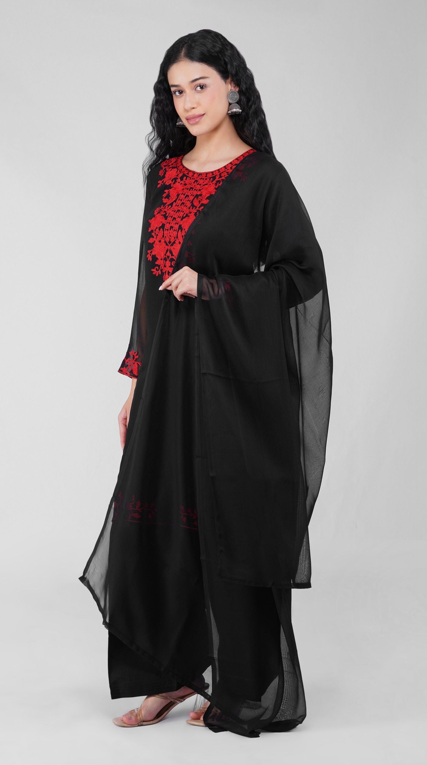 Black Thread Embroidered Shift Suit Set with Georgette Dupatta